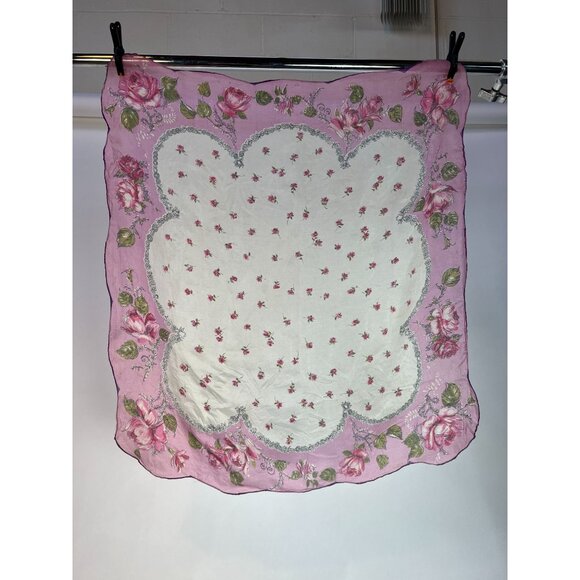 Vintage 60s Floral Handkerchief Scarf Pink & White Delicate Print - Picture 9 of 16
